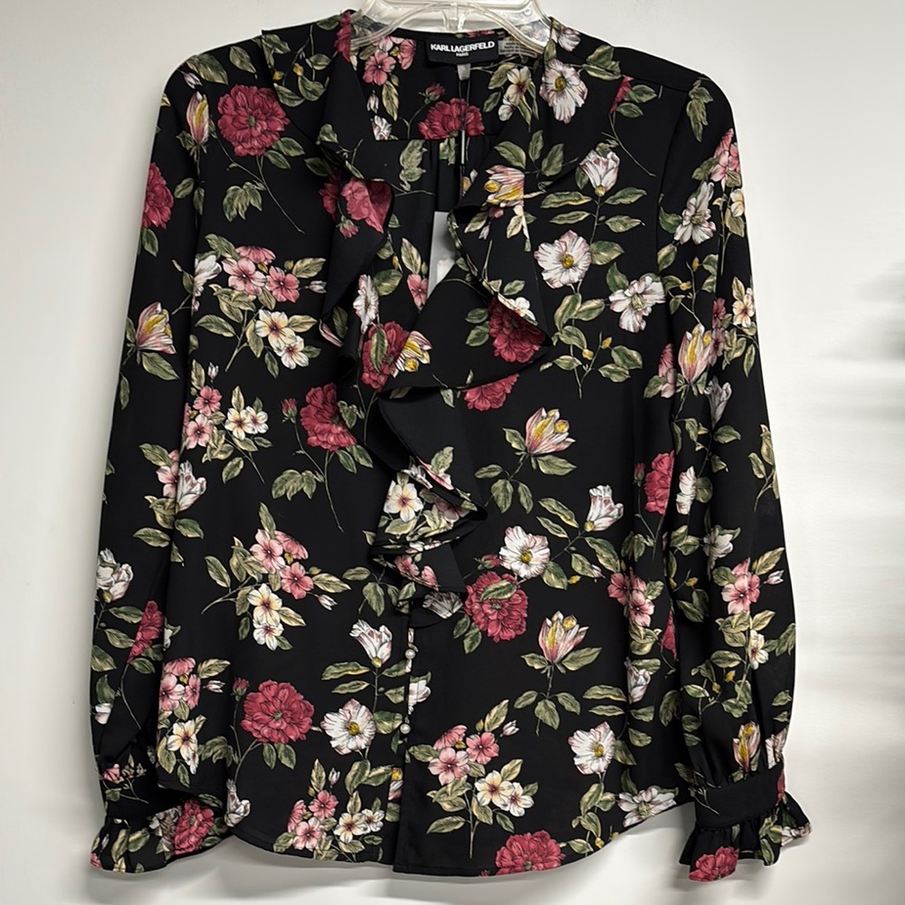 Karl Lagerfeld Pink Cream Floral Ruffled Blouse